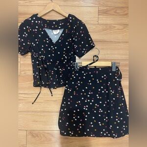 Rachel Floral Black Two-Piece Set mini skirt and short sleeves bouse samll